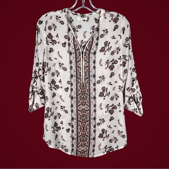 Cream Burgundy Boho Blouse Size XS Zip Neck Detail Tab Slv Festival Oversize Top - Picture 1 of 9